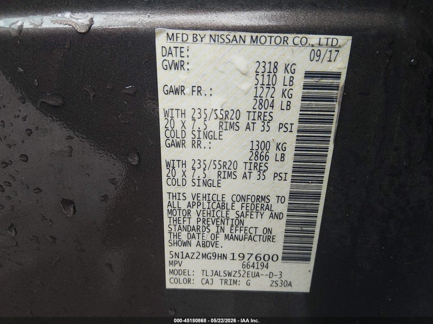 2017 Nissan Murano VIN 5N1AZ2MG9HN197600 IAAI salvage auction — FRONT END, Salvage (Arkansas), sold $1,800 on 2026-07-18 (photo 9)