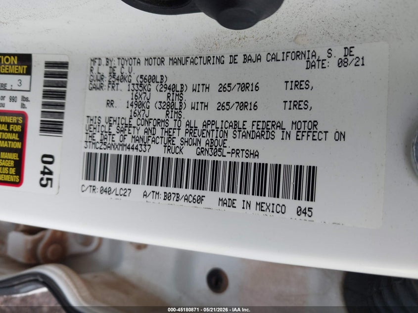 2021 Toyota Tacoma VIN 3TMCZ5ANXMM444337 IAAI salvage auction — SIDE, Salvage (Oklahoma), sold $17,000 on 2026-07-31 (photo 9)