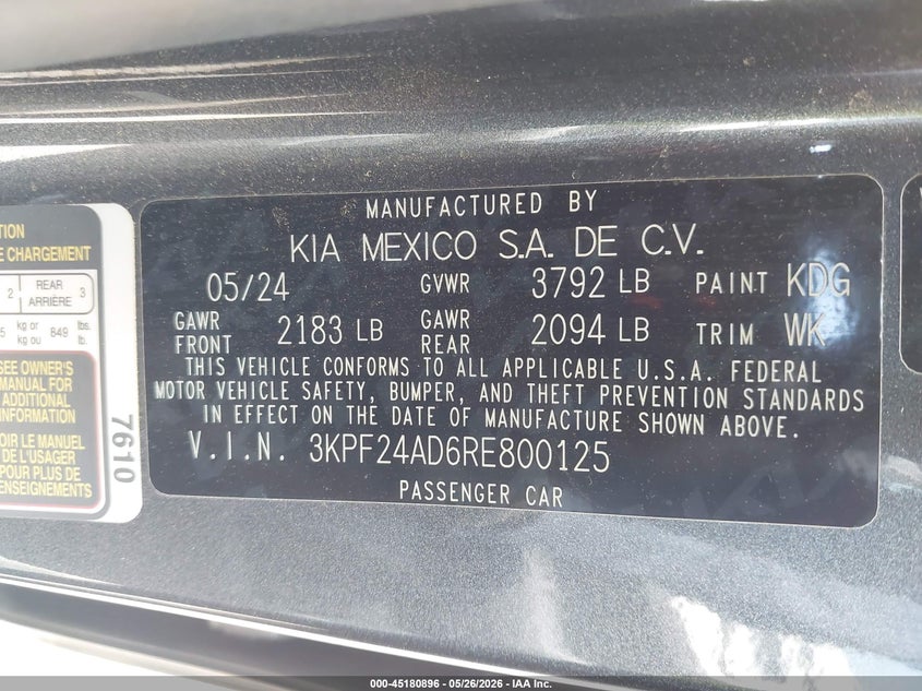 2024 Kia Forte VIN 3KPF24AD6RE800125 IAAI salvage auction — REAR END, Original (Texas), sold $7,250 on 2026-07-29 (photo 9)
