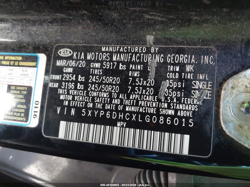 2020 Kia Telluride VIN 5XYP6DHCXLG086015 IAAI salvage auction — FRONT END, Mv-907A (New York), sold $3,900 on 2026-07-28 (photo 9)