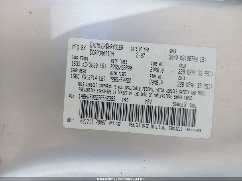 2007 Chrysler Aspen VIN 1A8HW58227F552393 IAAI salvage auction — MECHANICAL, Nrc Lienholder Repossession Paperwork (New Mexico), sold $275 on 2026-07-13 (photo 9)