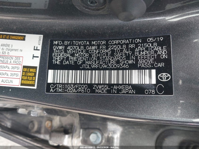 2019 Toyota Prius VIN JTDL9RFU9K3009346 IAAI salvage auction — RIGHT SIDE, Salvage (New Hampshire), sold $4,150 on 2026-07-12 (photo 9)
