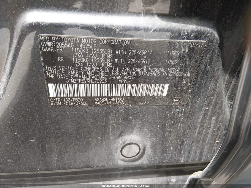 2017 Toyota Rav 4 VIN JTMZFREV9HJ709031 IAAI salvage auction — HAIL, Salvage (Illinois), sold $3,725 on 2026-07-14 (photo 9)