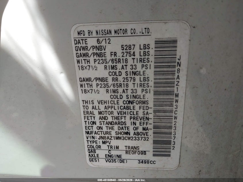2012 Nissan Murano VIN JN8AZ1MW3CW233732 IAAI salvage auction — LEFT FRONT, Mv-907A (New York), sold $425 on 2026-07-28 (photo 9)