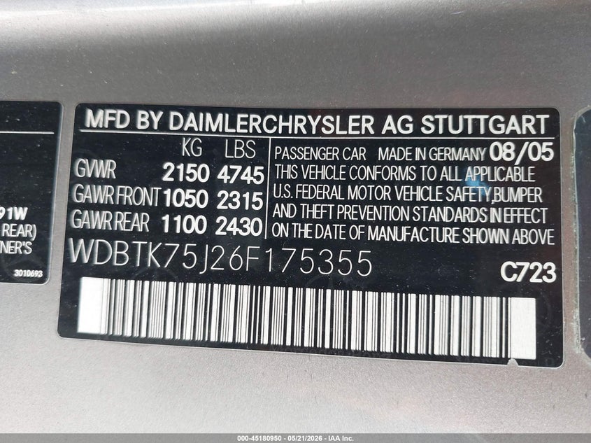 2006 Mercedes-benz Clk-klasse VIN WDBTK75J26F175355 IAAI salvage auction — FRONT END, Salvage (California), sold $1,400 on 2026-08-11 (photo 9)