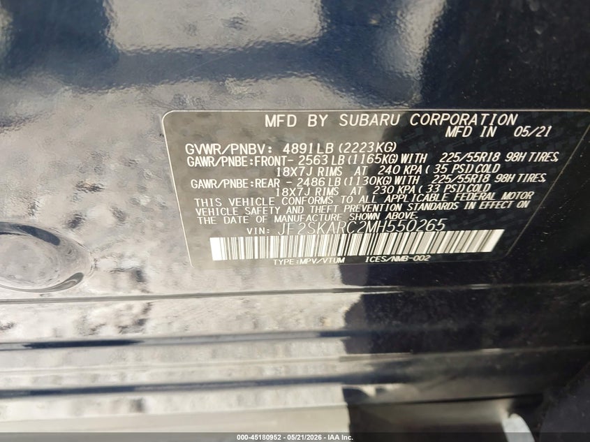 2021 Subaru Forester VIN JF2SKARC2MH550265 IAAI salvage auction — REAR END, Salvage (Illinois), sold $6,500 on 2026-07-09 (photo 9)