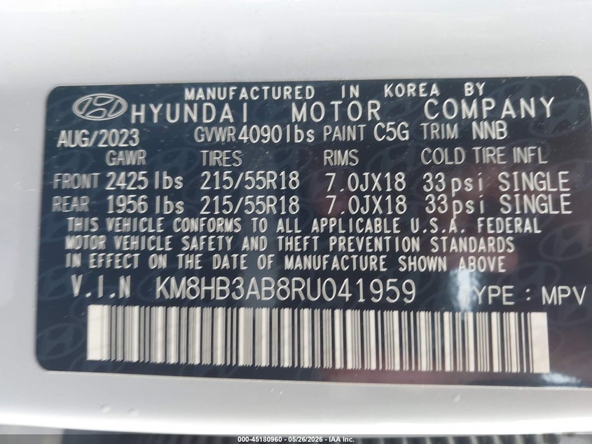 2024 Hyundai Kona VIN KM8HB3AB8RU041959 IAAI salvage auction — REAR END, Salvage (Georgia), sold $8,900 on 2026-07-16 (photo 9)