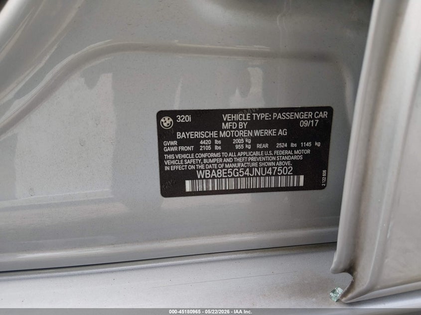 2018 BMW 3er VIN WBA8E5G54JNU47502 IAAI salvage auction — FRONT END, Salvage (South Carolina), sold $2,500 on 2026-07-14 (photo 9)