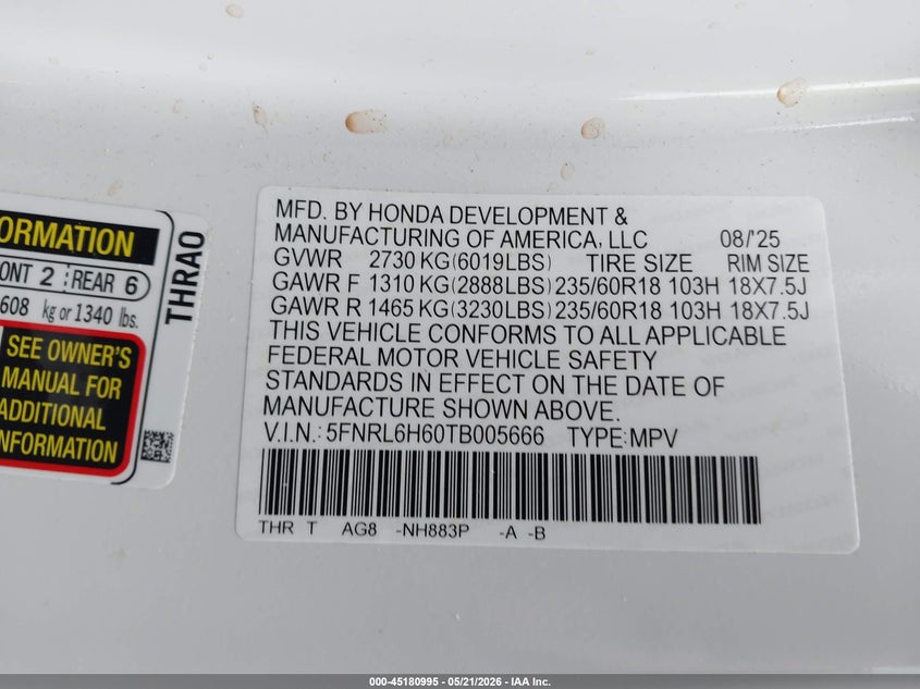2026 Honda Odyssey VIN 5FNRL6H60TB005666 IAAI salvage auction — LEFT SIDE, Original (Texas), sold $17,750 on 2026-07-29 (photo 9)