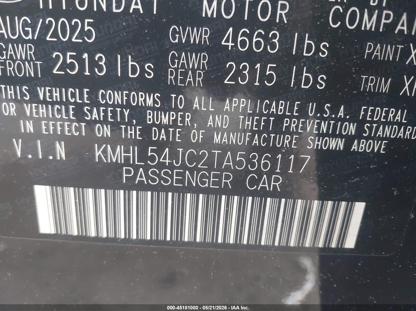 2026 Hyundai Sonata VIN KMHL54JC2TA536117 IAAI salvage auction — ROLLOVER, Salvage (Virginia), sold $3,500 on 2026-07-20 (photo 9)