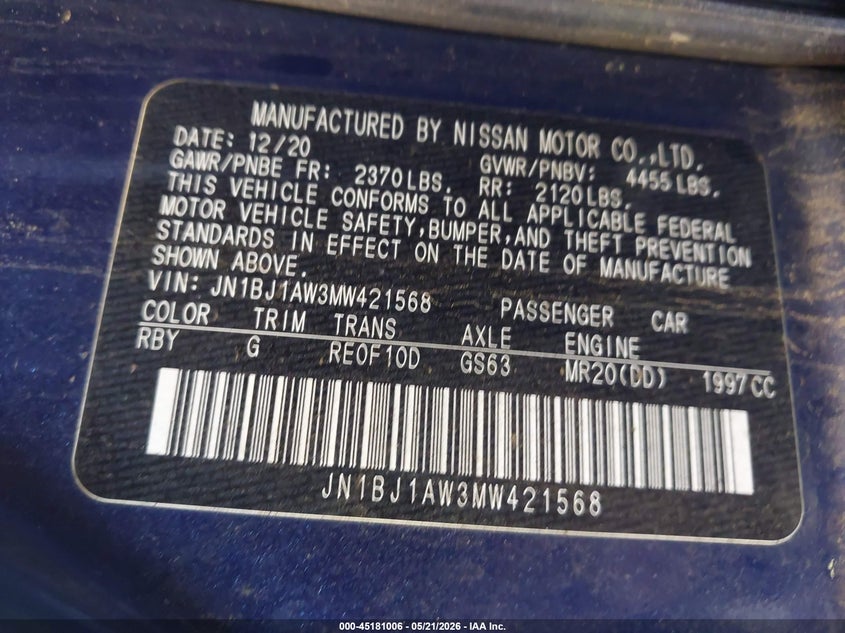 2021 Nissan VIN JN1BJ1AW3MW421568 IAAI salvage auction — LEFT SIDE, Original (West Virginia), sold $1,150 on 2026-07-15 (photo 9)