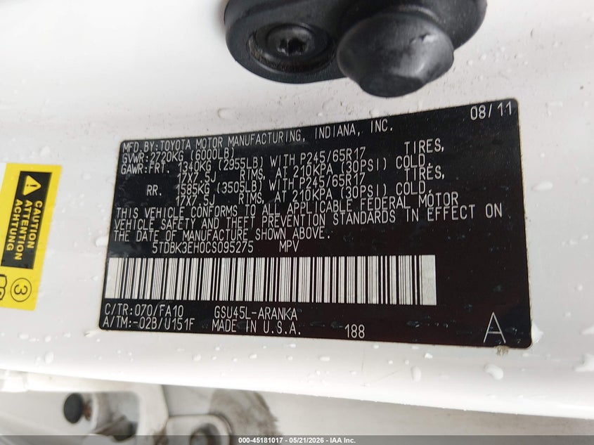 2012 Toyota Highlander VIN 5TDBK3EH0CS095275 IAAI salvage auction — RIGHT FRONT, Salvage (West Virginia), sold $2,250 on 2026-07-08 (photo 9)