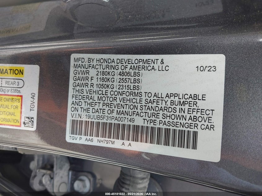 2023 Acura Tlx VIN 19UUB5F31PA007149 IAAI salvage auction — HAIL, Clear (Missouri), sold $8,900 on 2026-07-27 (photo 9)