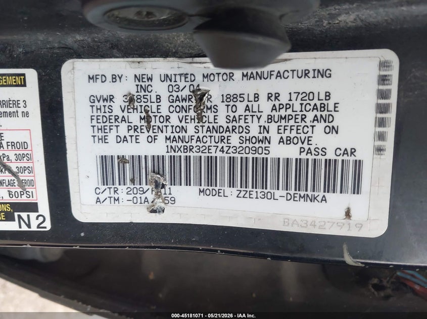 2004 Toyota Corolla VIN 1NXBR32E74Z320905 IAAI salvage auction — FRONT END, Salvage (Texas), sold $475 on 2026-07-09 (photo 9)