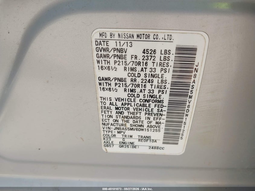 2013 Nissan Rogue VIN JN8AS5MV6DW151255 IAAI salvage auction — HAIL, Salvage Title, sold $175 on 2026-07-27 (photo 9)