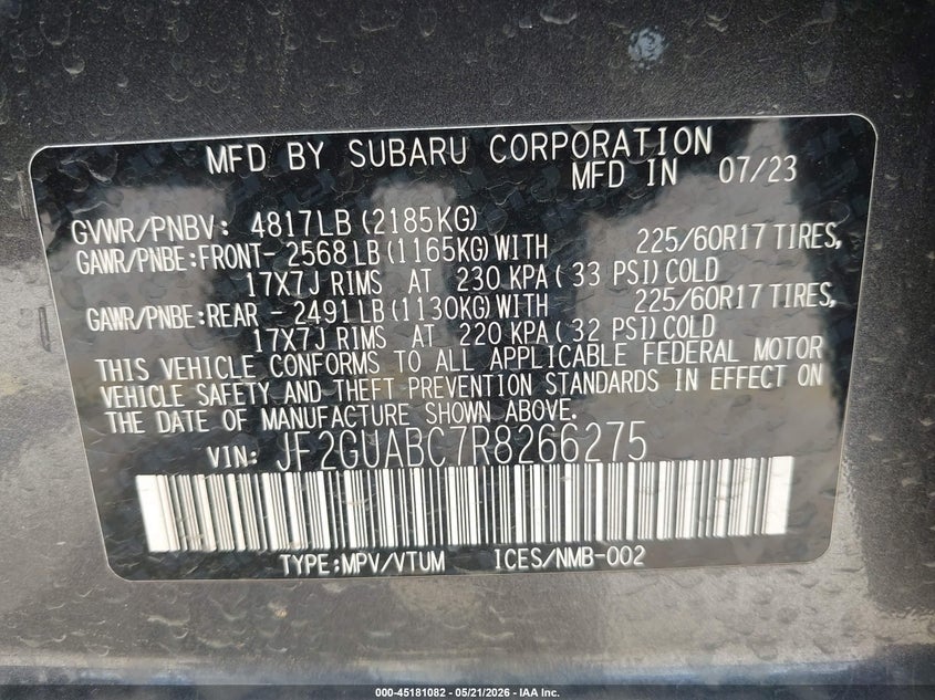 2024 Subaru Xv VIN JF2GUABC7R8266275 IAAI salvage auction — REAR END, Original (Texas), sold $9,500 on 2026-07-20 (photo 9)