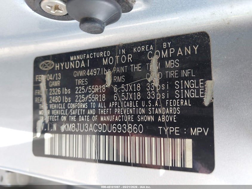 2013 Hyundai Tucson VIN KM8JU3AC9DU693860 IAAI salvage auction — SIDE, Salvage (Georgia), sold $1,400 on 2026-07-16 (photo 9)
