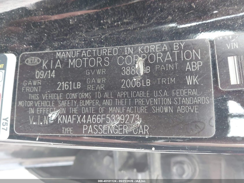 2015 Kia Forte VIN KNAFX4A66F5339273 IAAI salvage auction — LEFT FRONT, Salvage (Mississippi), sold $1,250 on 2026-07-31 (photo 9)