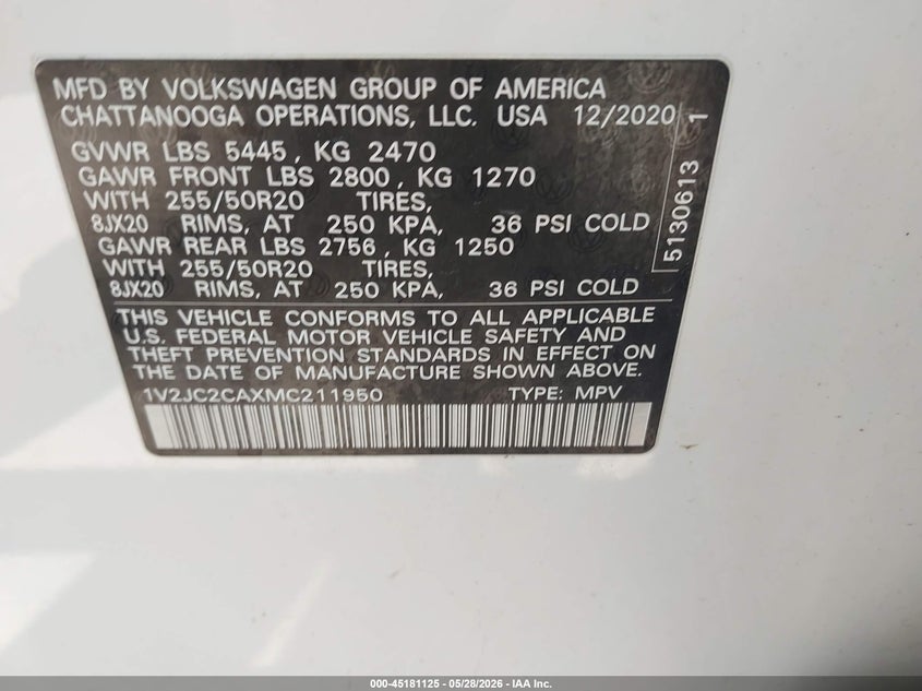 2021 Volkswagen Atlas cross sport VIN 1V2JC2CAXMC211950 IAAI salvage auction — HAIL, Salvage Title, sold $7,325 on 2026-07-21 (photo 9)
