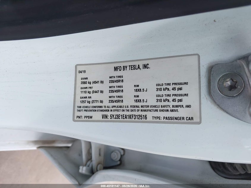 2019 Tesla Model 3 VIN 5YJ3E1EA1KF312516 IAAI salvage auction — REAR END, Original (Texas), sold $25 on 2026-07-23 (photo 9)
