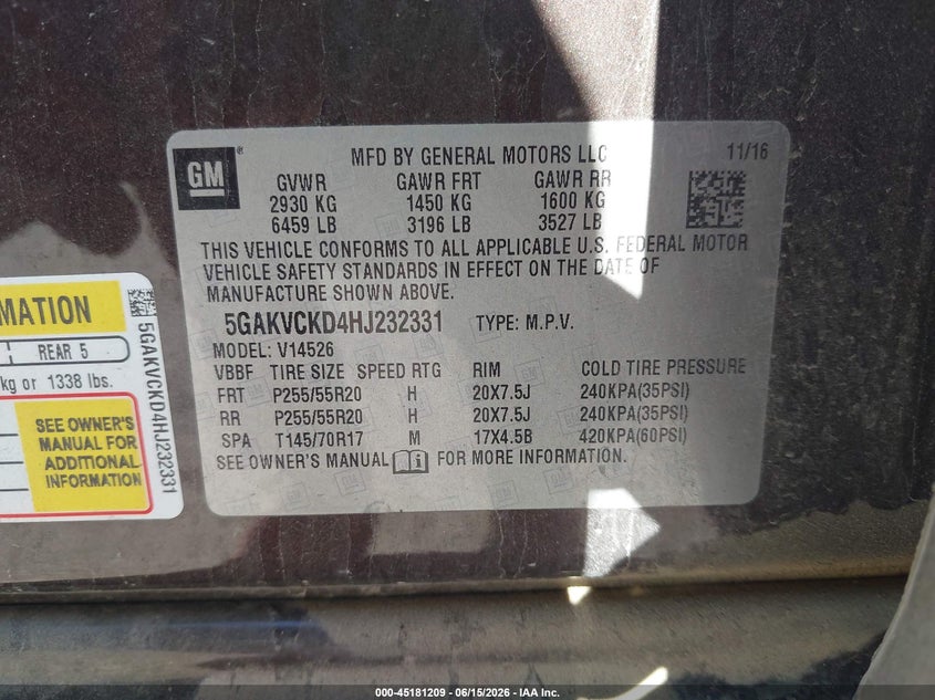 2017 Buick Enclave VIN 5GAKVCKD4HJ232331 IAAI salvage auction — RIGHT REAR, Salvage (Iowa), sold $325 on 2026-07-27 (photo 9)
