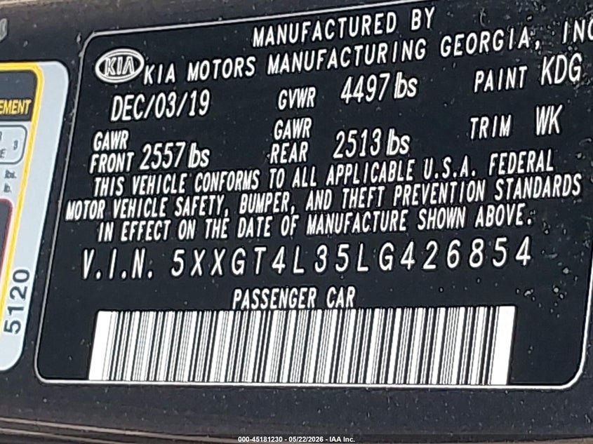 2020 Kia Optima VIN 5XXGT4L35LG426854 IAAI salvage auction — FRONT & REAR, Bill Of Sale (New York), sold $300 on 2026-07-21 (photo 9)