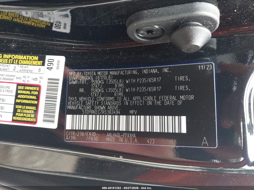 2024 Toyota Sienna VIN 5TDYRKEC7RS183494 IAAI salvage auction — ROLLOVER, Salvage (Georgia), sold $7,300 on 2026-07-31 (photo 9)