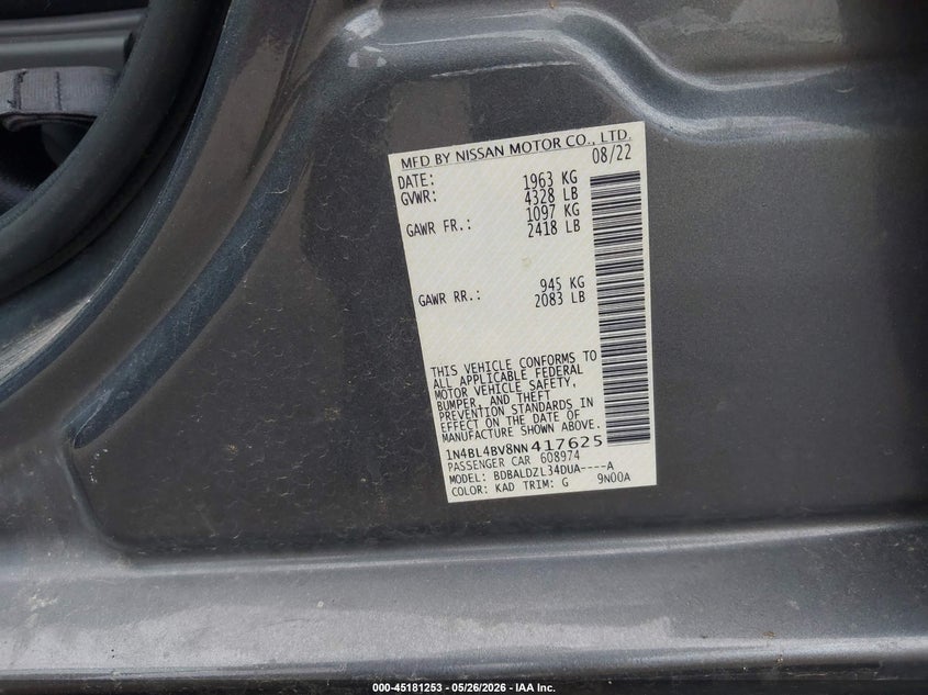 2022 Nissan Altima VIN 1N4BL4BV8NN417625 IAAI salvage auction — LEFT SIDE, Salvage Title, sold $1,850 on 2026-07-27 (photo 9)