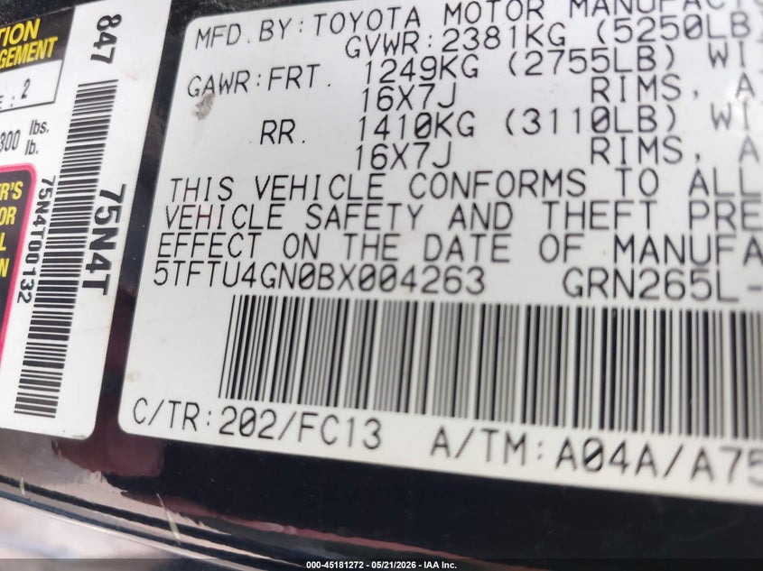 2011 Toyota Tacoma VIN 5TFTU4GN0BX004263 IAAI salvage auction — REAR END, Original (Texas), sold $3,400 on 2026-07-29 (photo 9)