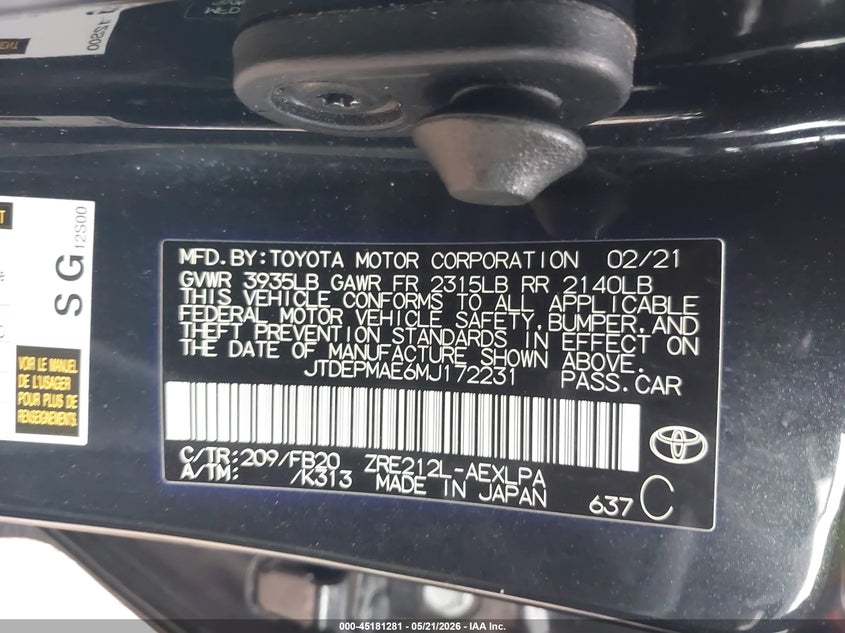 2021 Toyota Corolla VIN JTDEPMAE6MJ172231 IAAI salvage auction — SIDE, Salvage (Texas), sold $3,300 on 2026-07-20 (photo 9)
