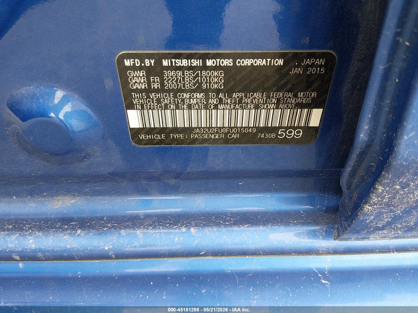 2015 Mitsubishi Lancer VIN JA32U2FU0FU015049 IAAI salvage auction — LEFT FRONT, Salvage (Illinois), sold $325 on 2026-07-14 (photo 9)