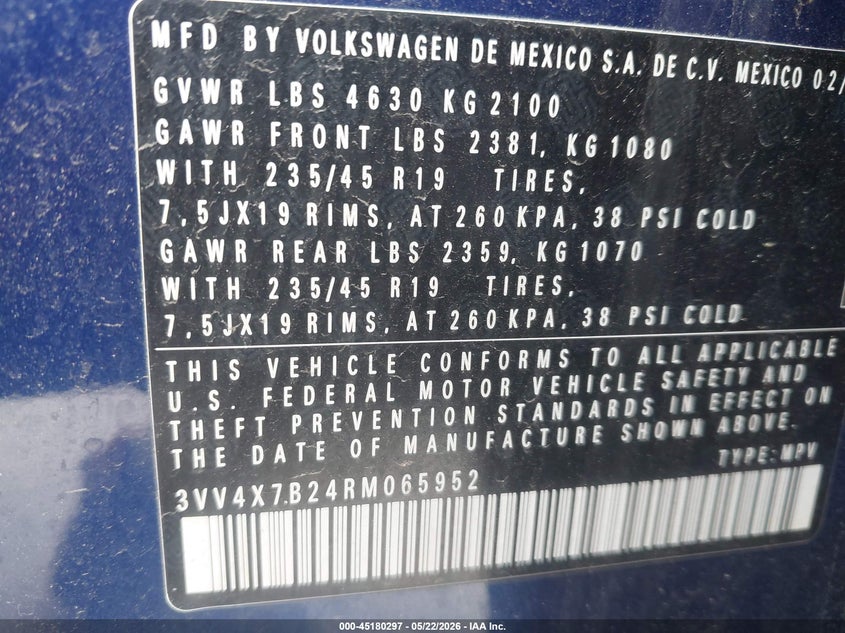 2024 Volkswagen Taos VIN 3VV4X7B24RM065952 IAAI salvage auction — HAIL, Salvage (Ohio), sold $13,100 on 2026-07-14 (photo 9)