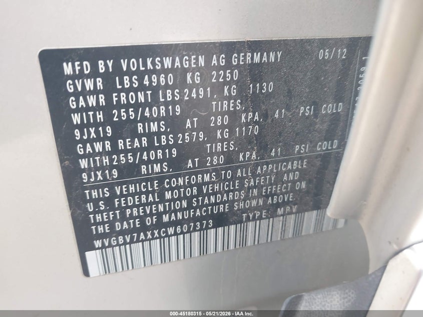 2012 Volkswagen Tiguan VIN WVGBV7AXXCW607373 IAAI salvage auction — RIGHT FRONT, Regular (South Dakota), sold $1,500 on 2026-07-07 (photo 9)