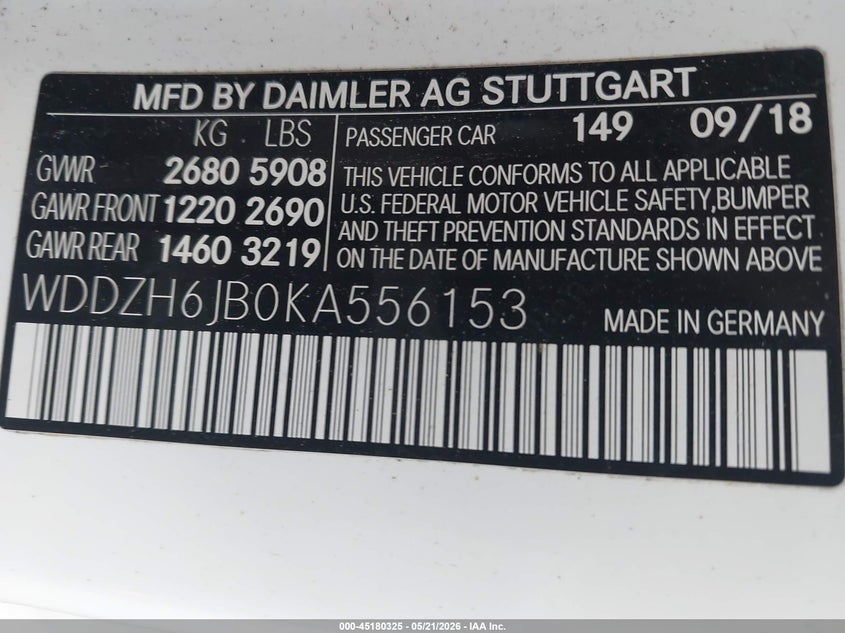 2019 Mercedes-benz E-klasse VIN WDDZH6JB0KA556153 IAAI salvage auction — REAR END, Original (Texas), sold $14,600 on 2026-08-15 (photo 9)