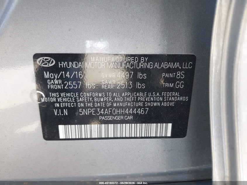 2017 Hyundai Sonata VIN 5NPE34AF0HH444467 IAAI salvage auction — RIGHT FRONT, Salvage Title, sold $2,800 on 2026-07-22 (photo 9)