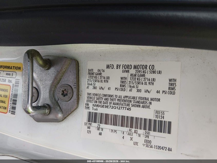 2016 Ford Transit VIN NM0GE9E72G1277745 IAAI salvage auction — NORMAL WEAR, Sf97 (Washington), sold $10,300 on 2026-07-09 (photo 9)