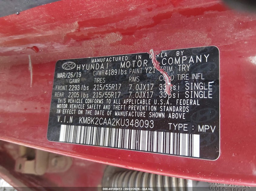 2019 Hyundai Kona VIN KM8K2CAA2KU348093 IAAI salvage auction — FRONT END, Salvage (West Virginia), sold $950 on 2026-07-29 (photo 9)
