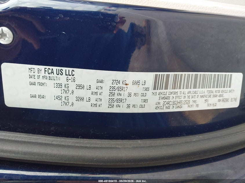 2017 Chrysler Pacifica VIN 2C4RC1BG3HR512528 IAAI salvage auction — FRONT END, Salvage (Nebraska), sold $2,150 on 2026-07-15 (photo 9)