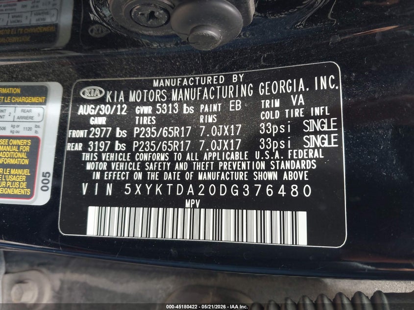 2013 Kia Sorento VIN 5XYKTDA20DG376480 IAAI salvage auction — NORMAL WEAR, Certificate Of Title (Nebraska), sold $700 on 2026-07-16 (photo 9)