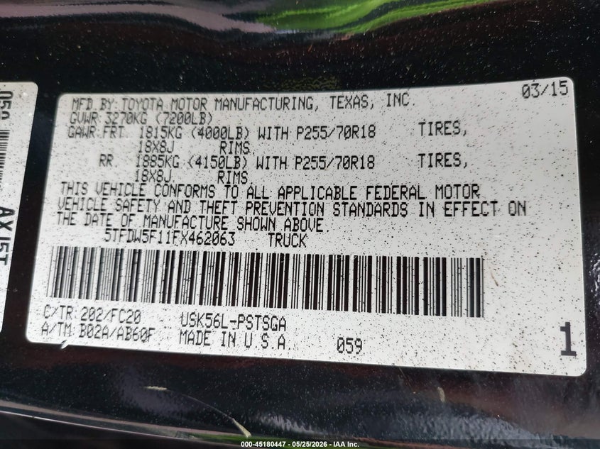 2015 Toyota Tundra VIN 5TFDW5F11FX462063 IAAI salvage auction — FRONT END, Salvage (Alabama), sold $7,800 on 2026-07-12 (photo 9)