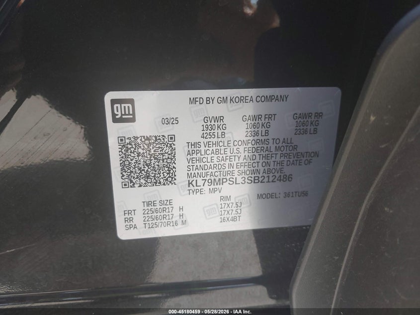 2025 Chevrolet Trailblazer VIN KL79MPSL3SB212486 IAAI salvage auction — HAIL, Salvage Title, sold $6,000 on 2026-07-21 (photo 9)