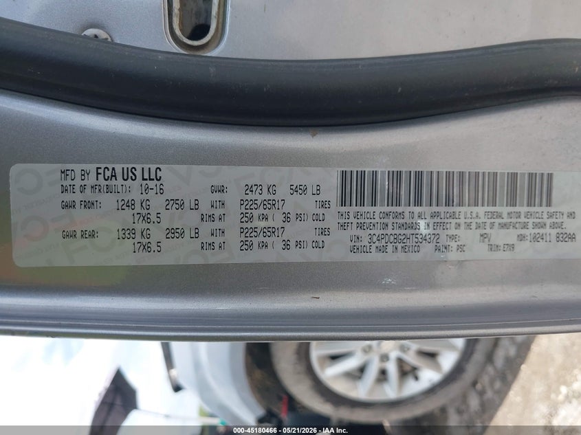 2017 Dodge Journey VIN 3C4PDCBG2HT534372 IAAI salvage auction — FRONT END, Salvage (Texas), sold $675 on 2026-07-09 (photo 9)