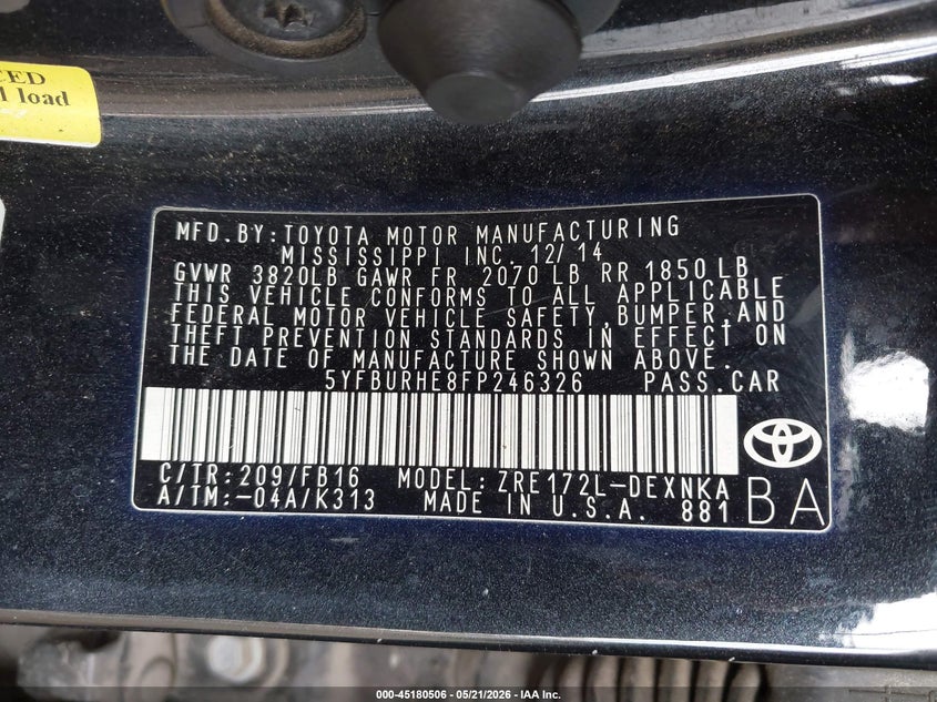 2015 Toyota Corolla VIN 5YFBURHE8FP246326 IAAI salvage auction — FRONT END, Original (Texas), sold $25 on 2026-07-28 (photo 9)