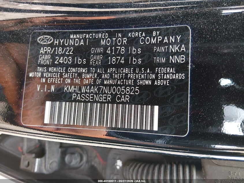 2022 Hyundai Elantra n VIN KMHLW4AK7NU005825 IAAI salvage auction — FRONT END, Salvage (North Carolina), sold $3,150 on 2026-07-27 (photo 9)
