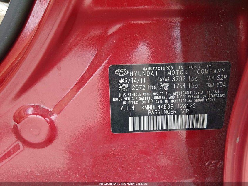 2011 Hyundai Elantra VIN KMHDH4AE3BU128123 IAAI salvage auction — REAR END, Salvage (Idaho), sold $1,050 on 2026-07-20 (photo 9)