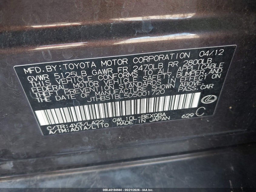 2013 Lexus Gs VIN JTHBS1BL5D5001720 IAAI salvage auction — LEFT FRONT, Salvage (Illinois), sold $2,400 on 2026-07-15 (photo 9)