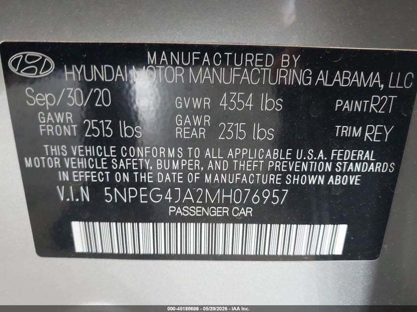 2021 Hyundai Sonata VIN 5NPEG4JA2MH076957 IAAI salvage auction — NORMAL WEAR, Sf97 (Texas), sold $14,700 on 2026-07-07 (photo 9)
