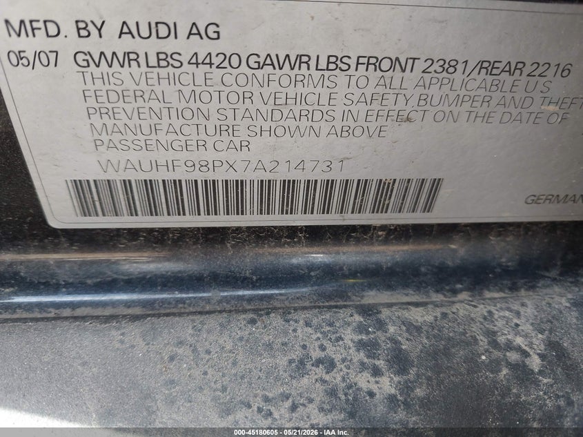 2007 Audi A3 VIN WAUHF98PX7A214731 IAAI salvage auction — REAR END, Prior Salvage (Minnesota), sold $275 on 2026-07-15 (photo 9)