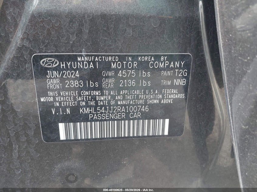 2024 Hyundai Sonata VIN KMHL54JJ2RA100746 IAAI salvage auction — FRONT & REAR, Mv-907A (New York), sold $8,050 on 2026-07-14 (photo 9)