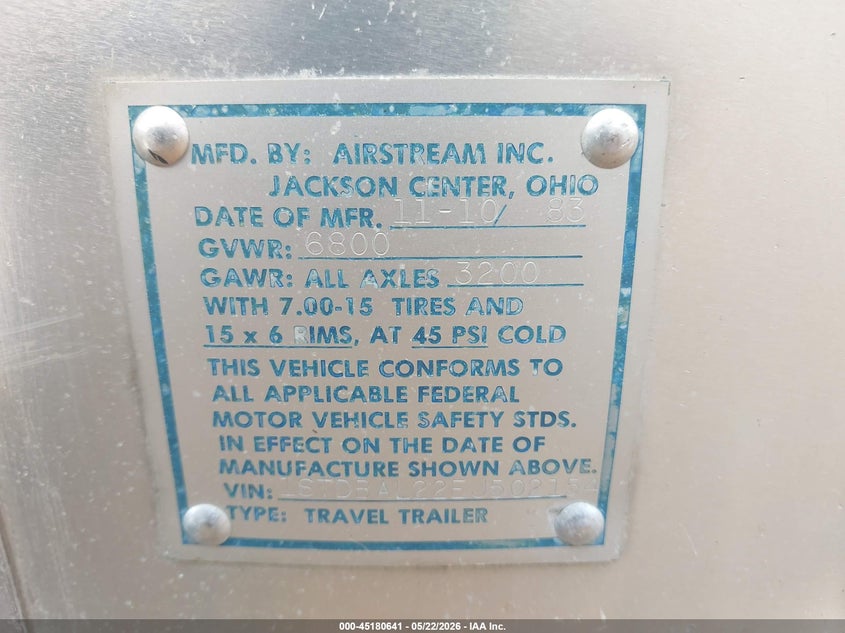 1984 Airstream Sovereign VIN 1STDBAL22EJ502154 IAAI salvage auction — STORM DAMAGE, Bill Of Sale (Georgia), sold $150 on 2026-07-09 (photo 9)